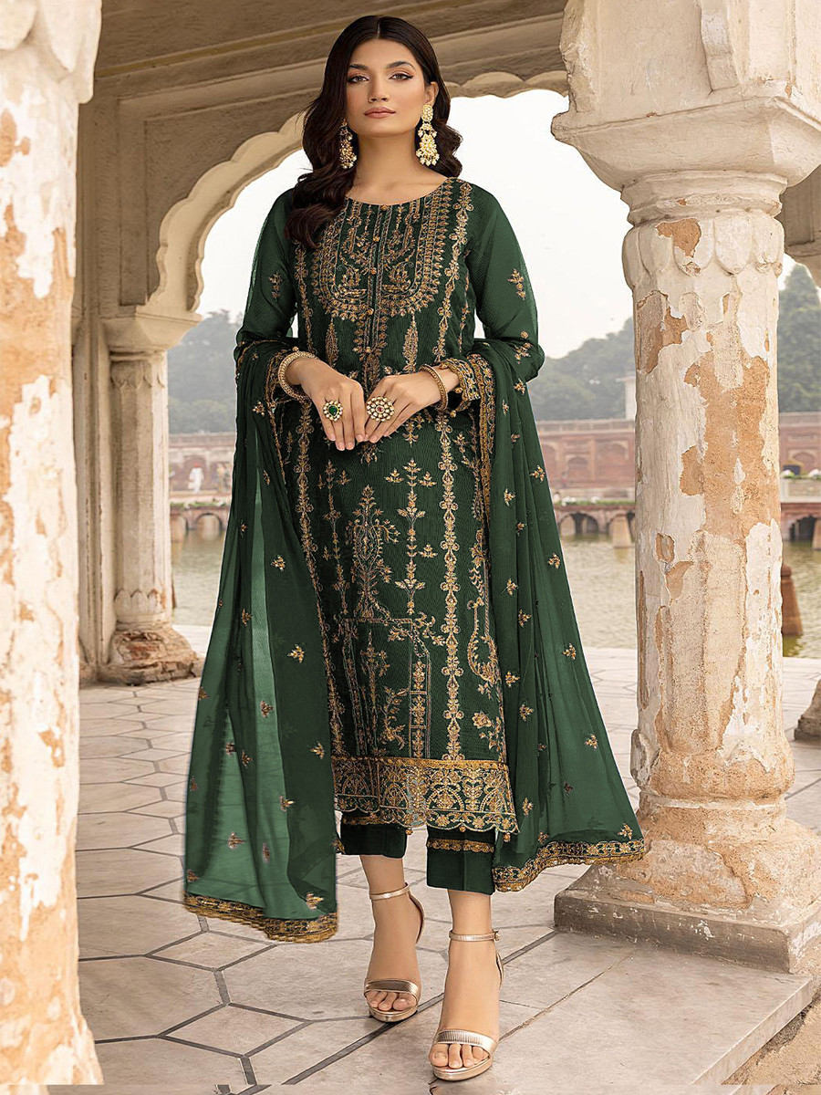 Green Georgette Embroidered Festival Wedding Pant Salwar Kameez