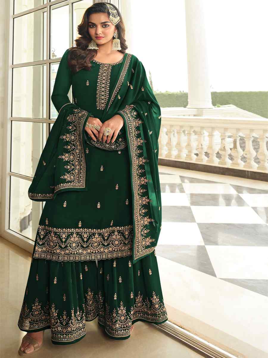 Green Georgette Embroidered Festival Wedding Sharara Pant Salwar Kameez