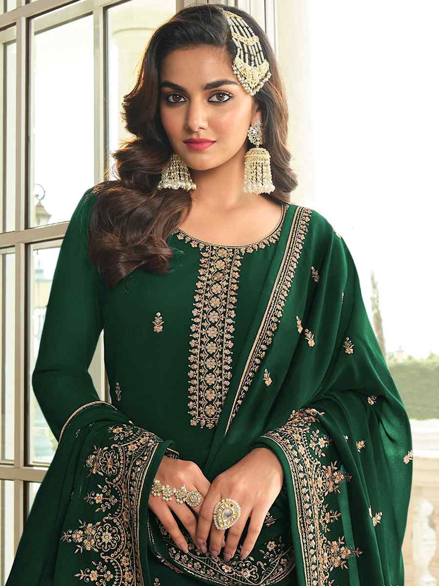 Green Georgette Embroidered Festival Wedding Sharara Pant Salwar Kameez