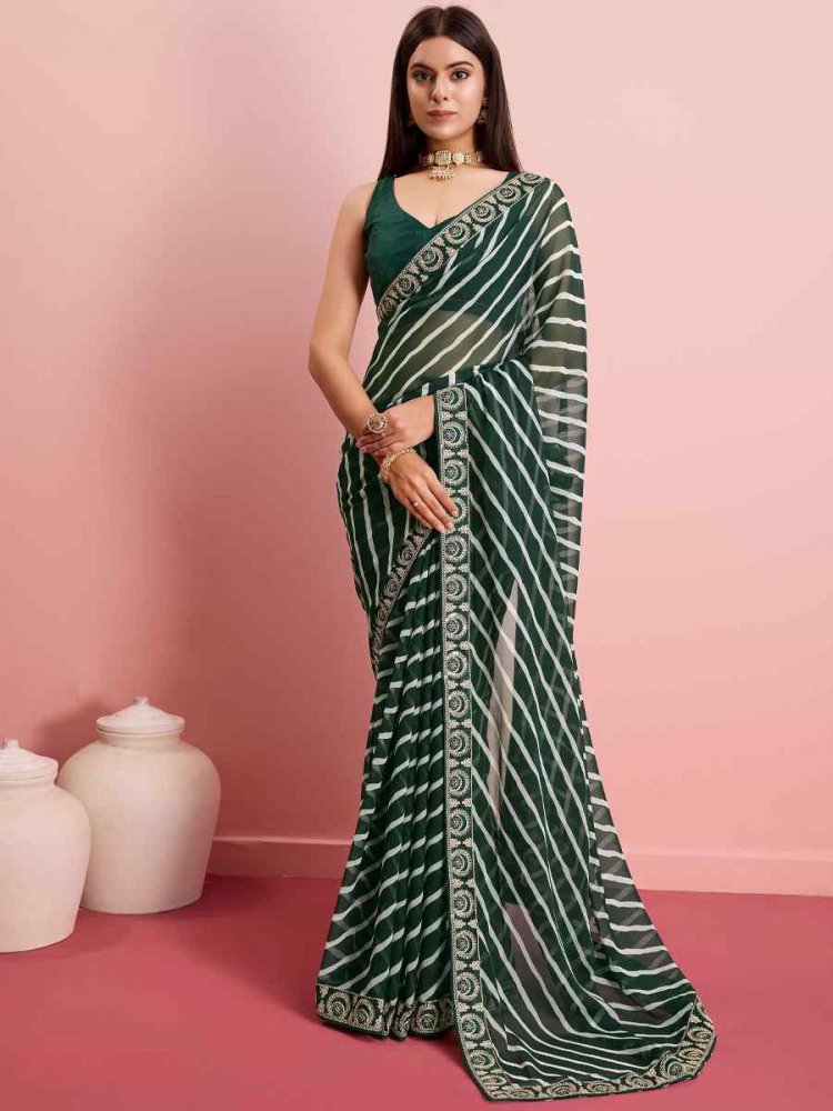 Green Georgette Embroidered Party Reception Heavy Border Saree