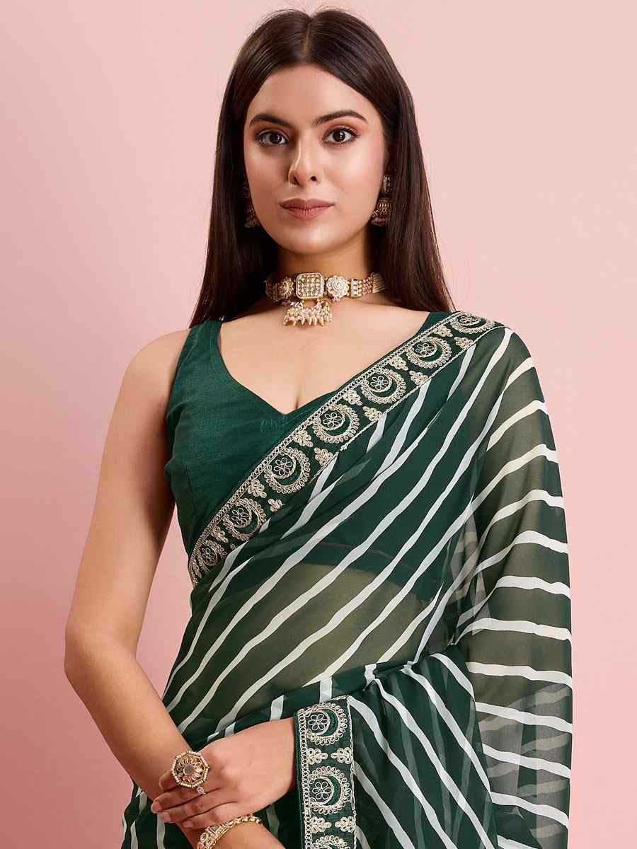 Green Georgette Embroidered Party Reception Heavy Border Saree