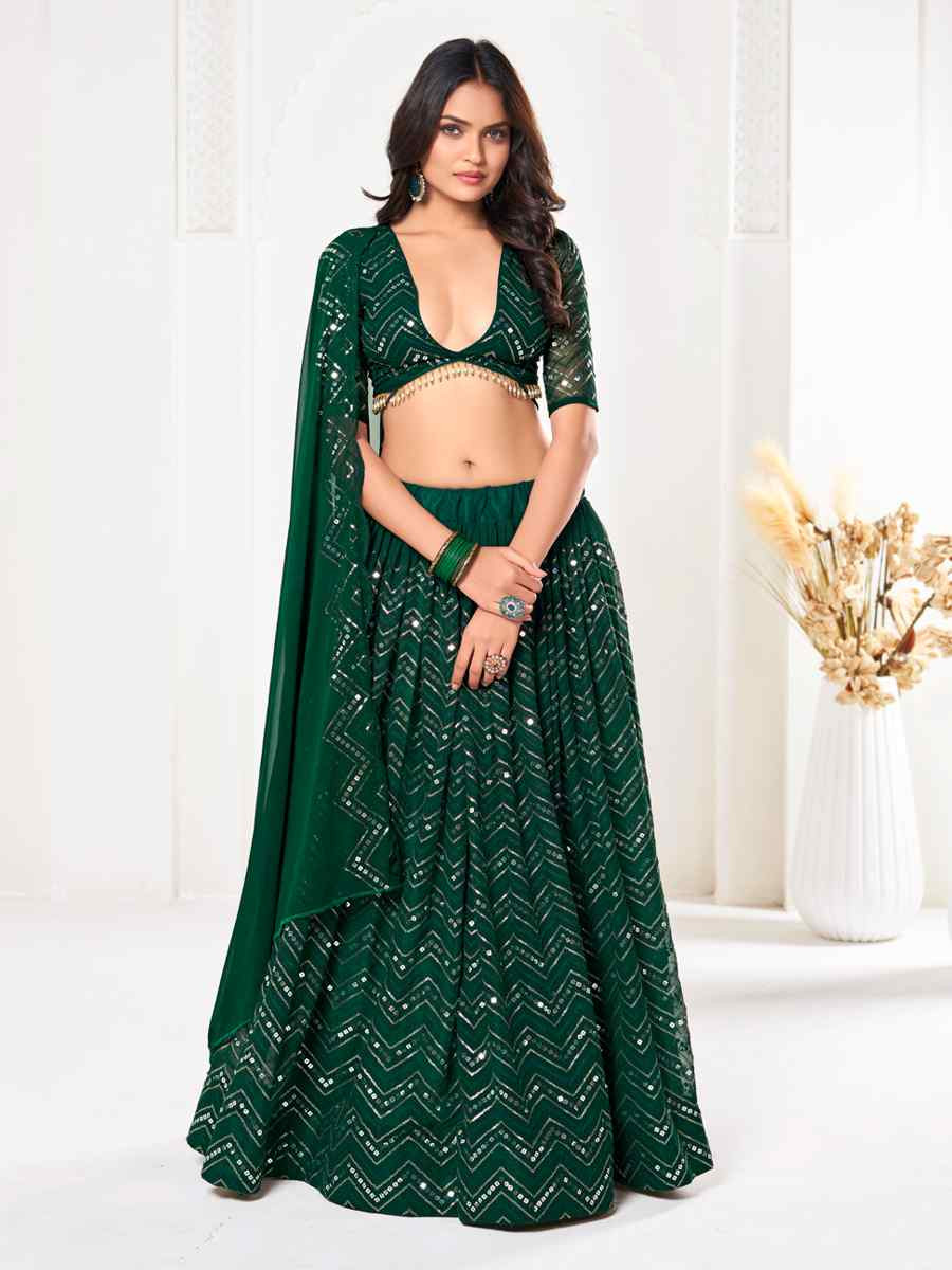 Green Georgette Embroidered Wedding Party Wear Heavy Border Lehenga Choli