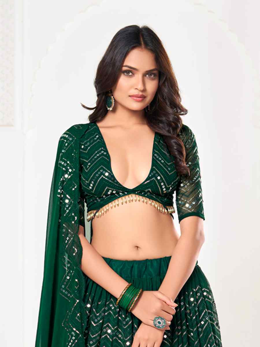 Green Georgette Embroidered Wedding Party Wear Heavy Border Lehenga Choli