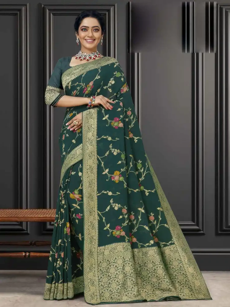 Green Georgette Handwoven Festival Wedding Heavy Border Saree