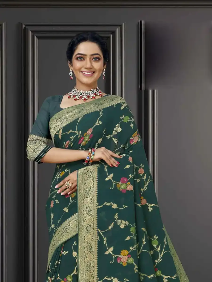 Green Georgette Handwoven Festival Wedding Heavy Border Saree