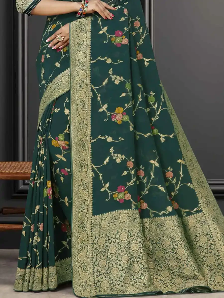 Green Georgette Handwoven Festival Wedding Heavy Border Saree