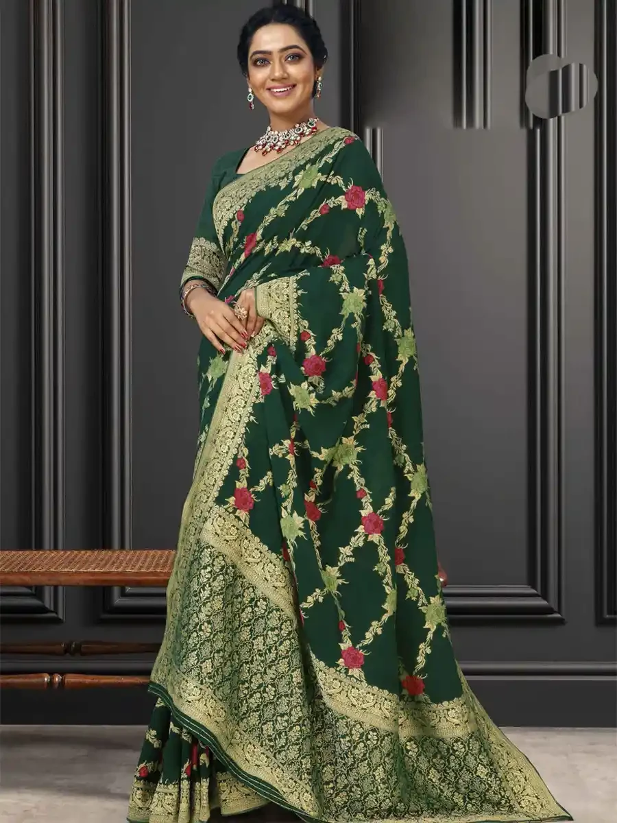 Green Georgette Handwoven Festival Wedding Heavy Border Saree