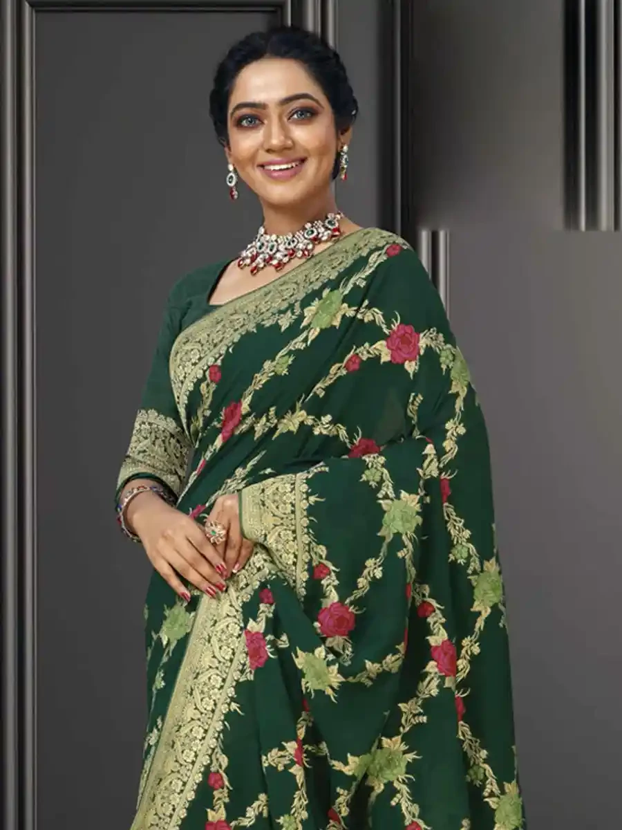 Green Georgette Handwoven Festival Wedding Heavy Border Saree