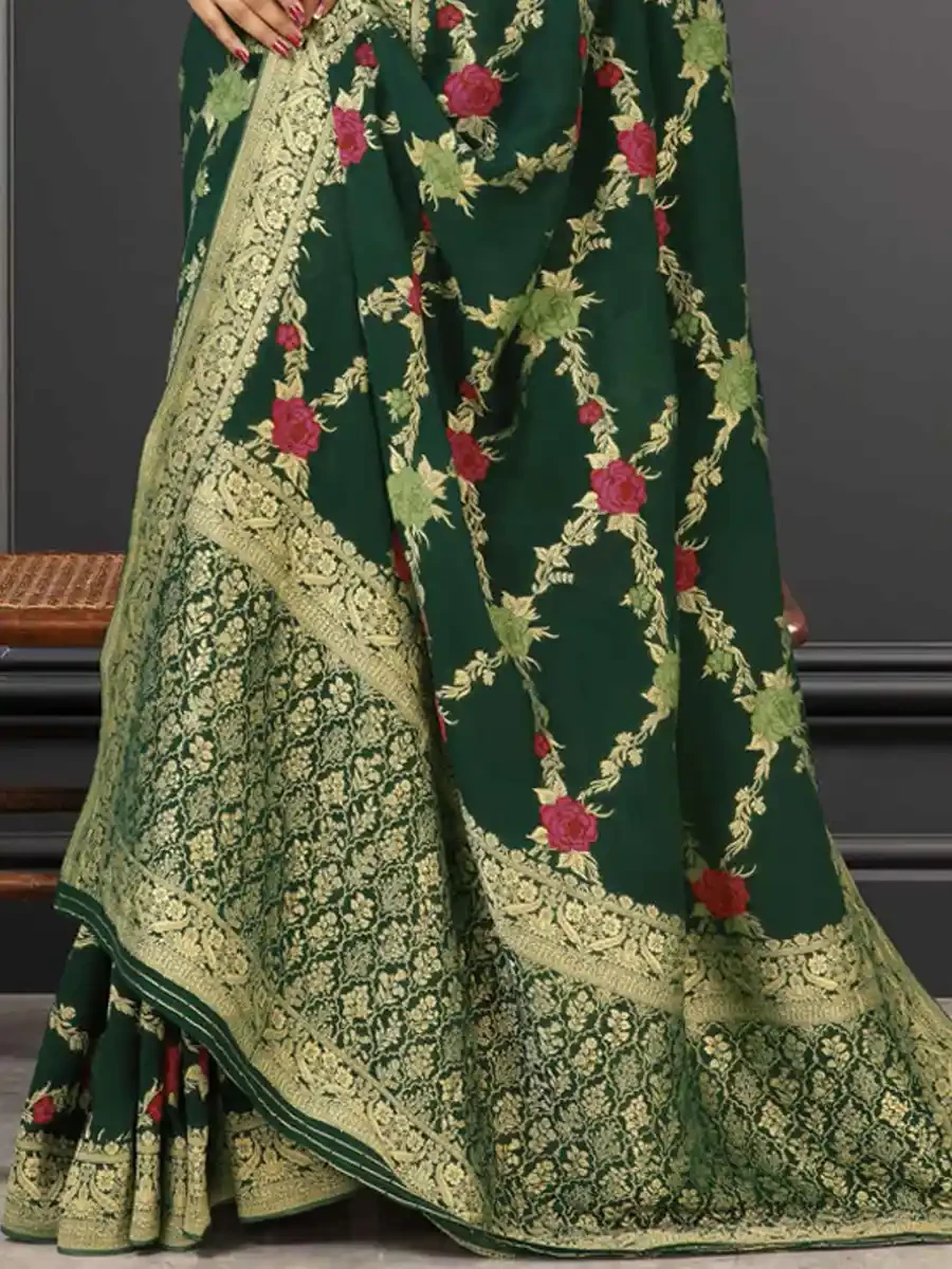 Green Georgette Handwoven Festival Wedding Heavy Border Saree