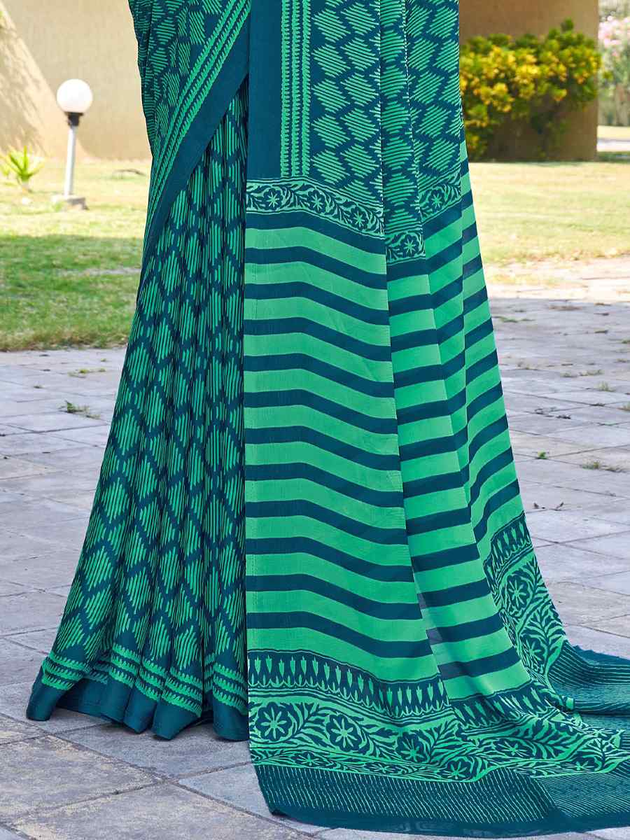 Green Georgette Printed Casual Festival Contemporary Saree