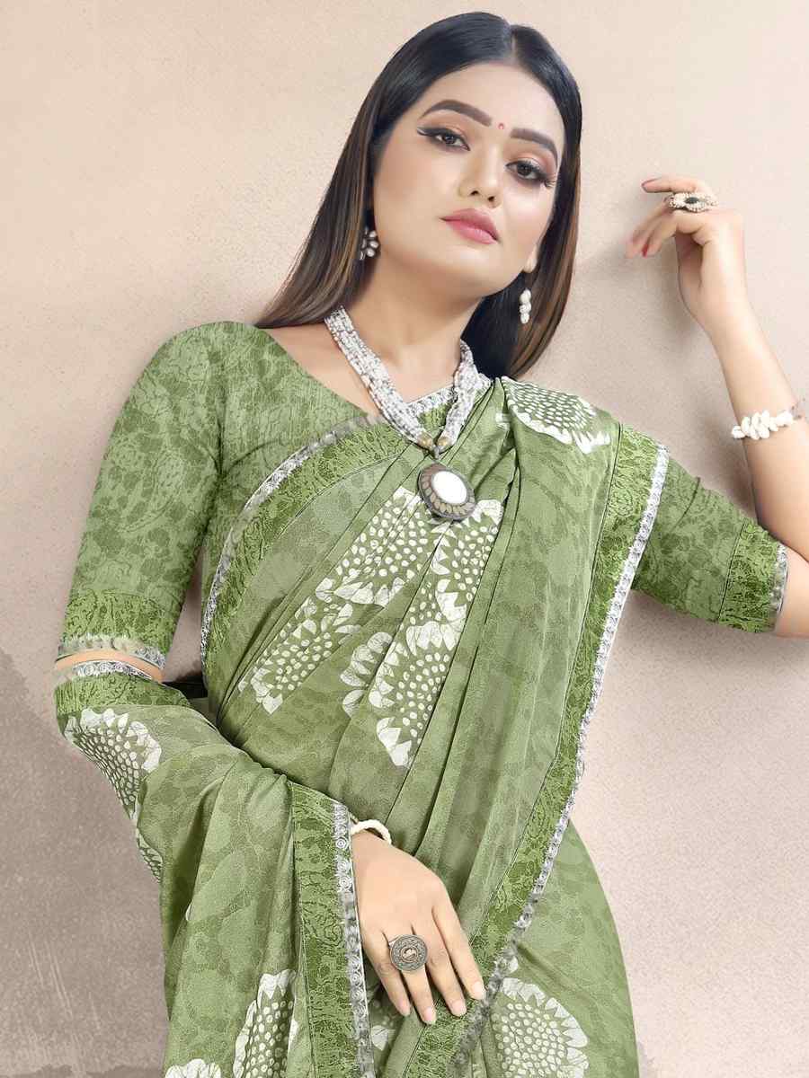 Green Georgette Printed Festival Casual Contemporary Saree