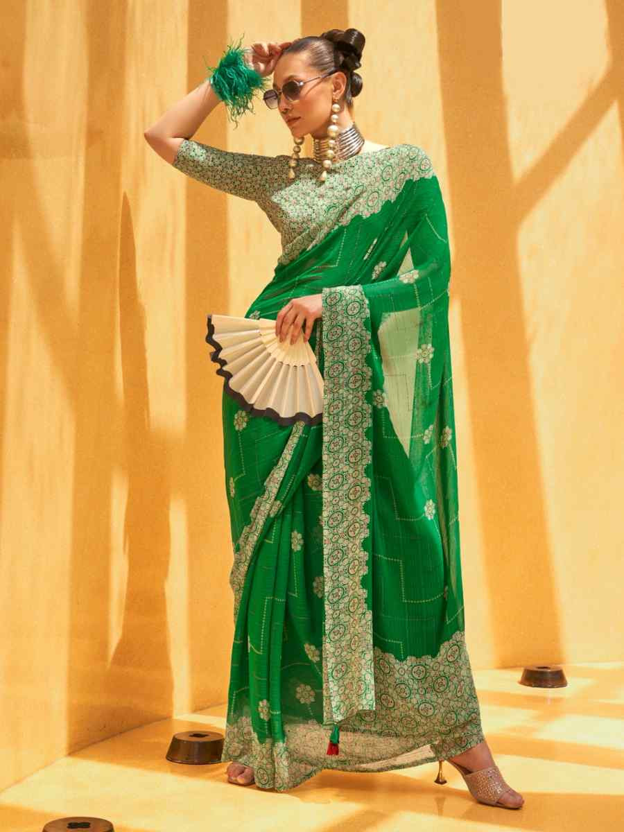 Green Georgette Printed Festival Party Contemporary Saree