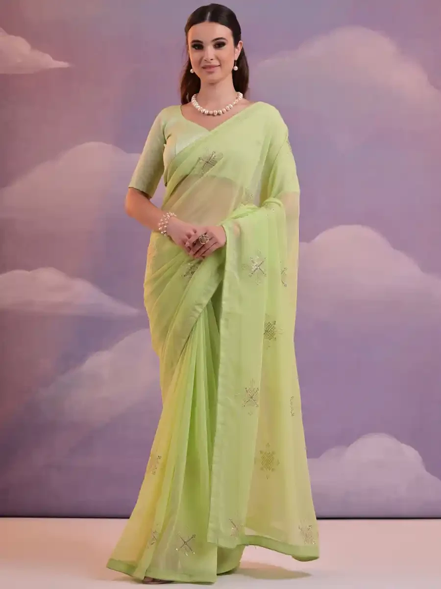 Green Georgette Sequins Cocktail Party Classic Style Saree