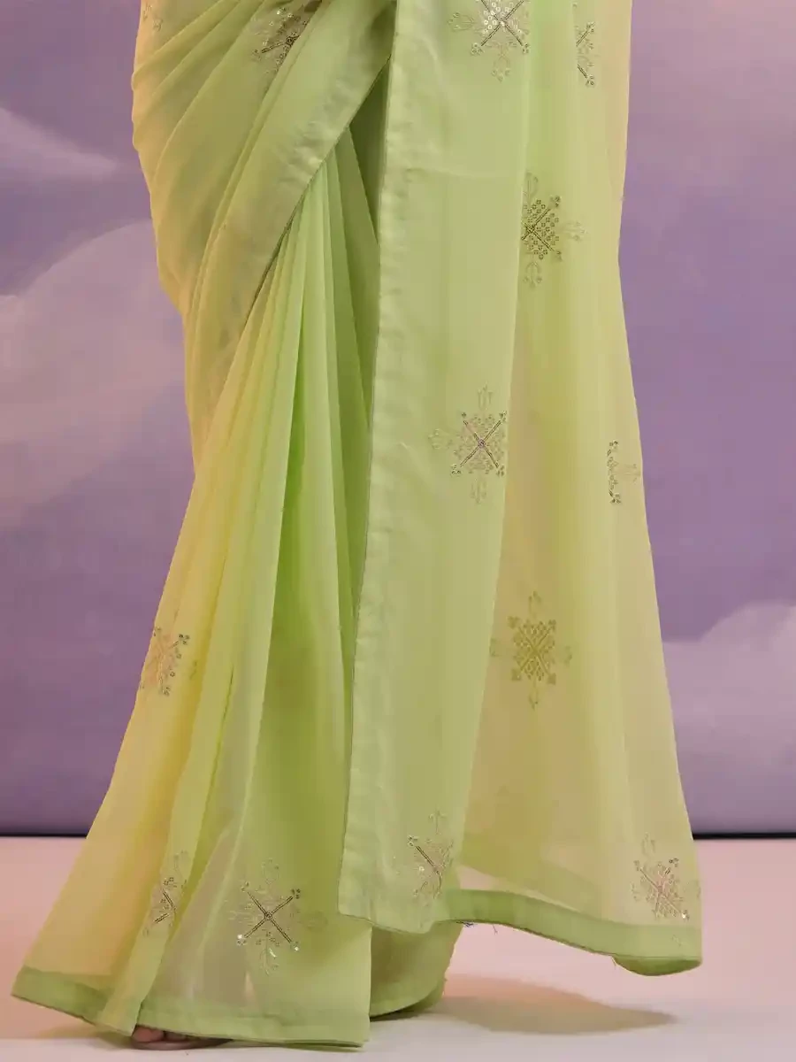 Green Georgette Sequins Cocktail Party Classic Style Saree