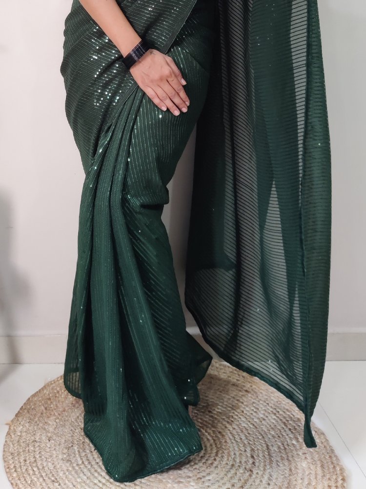 Buy Bottle Green Sequins Semi Crepe Designer Saree - Koskii