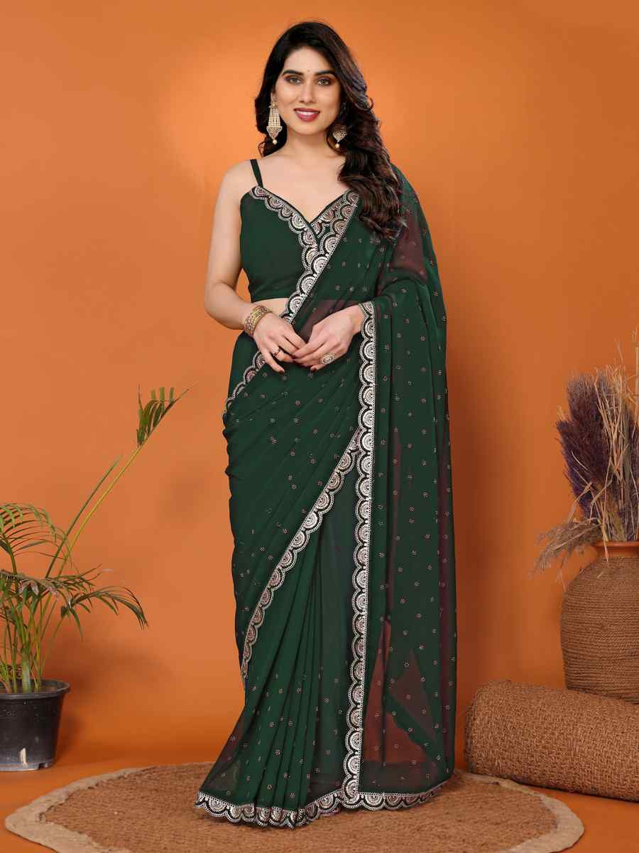 Green Georgette,velvet Printed Festival Casual Classic Style Saree