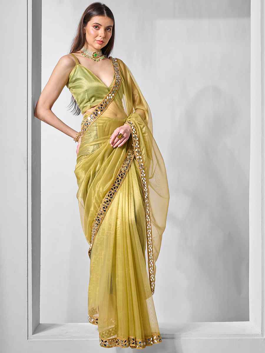 Green Gold Tissue Net Handwoven Festival Wedding Heavy Border Saree