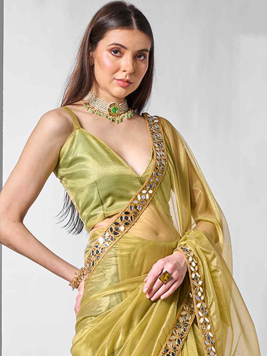 Green Gold Tissue Net Handwoven Festival Wedding Heavy Border Saree