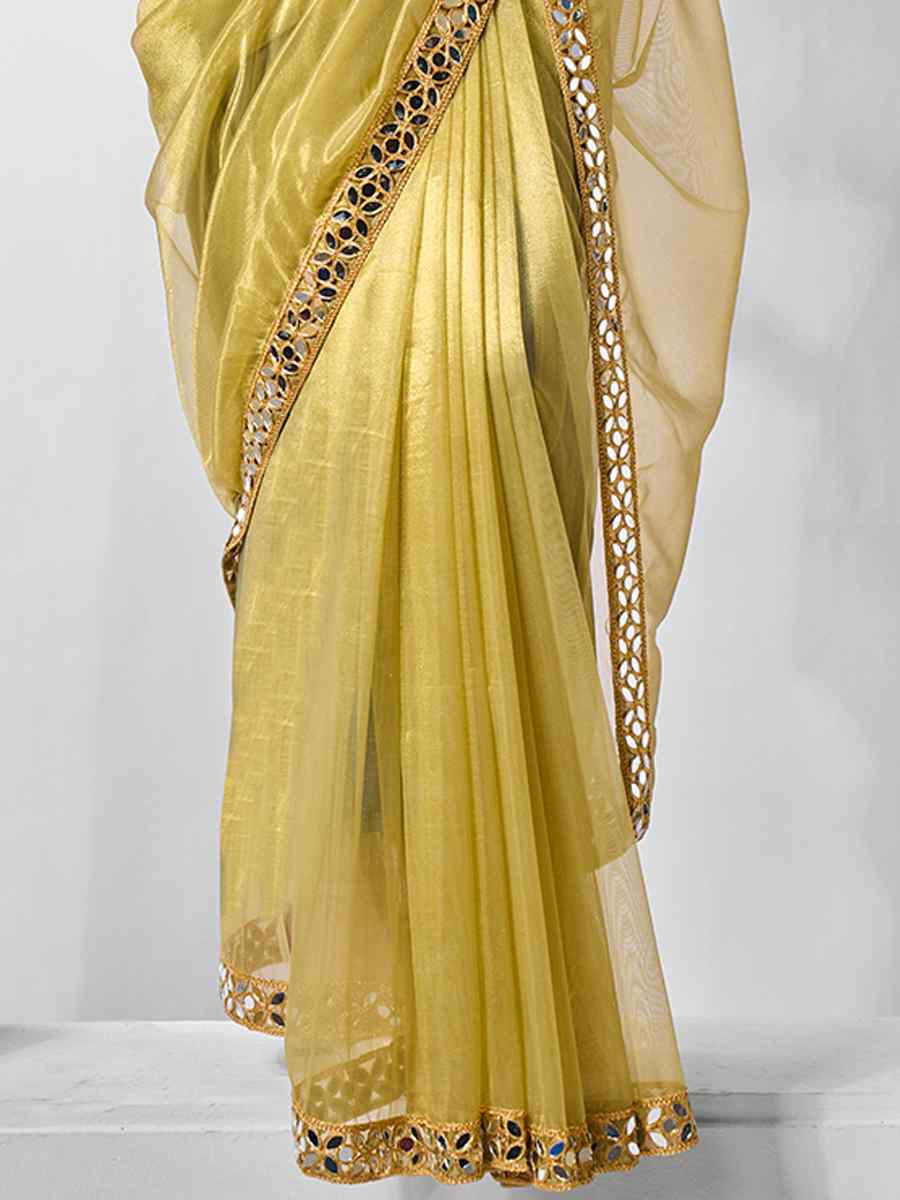 Green Gold Tissue Net Handwoven Festival Wedding Heavy Border Saree