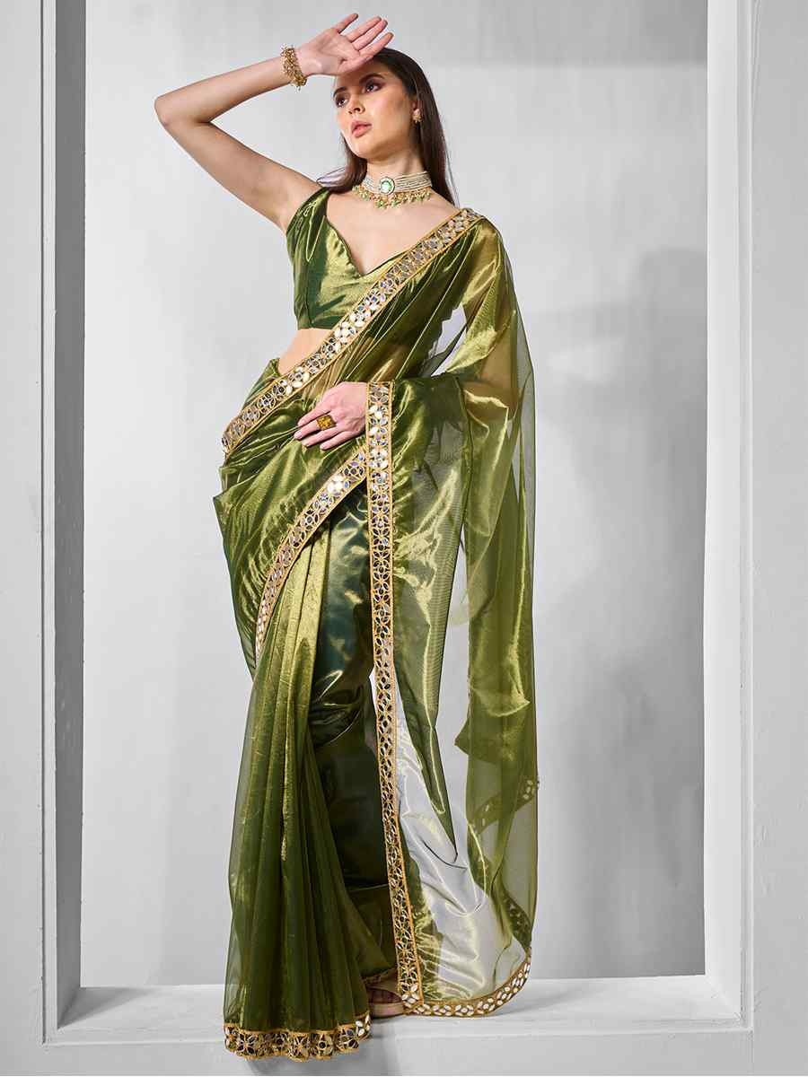 Green Gold Tissue Net Handwoven Festival Wedding Heavy Border Saree