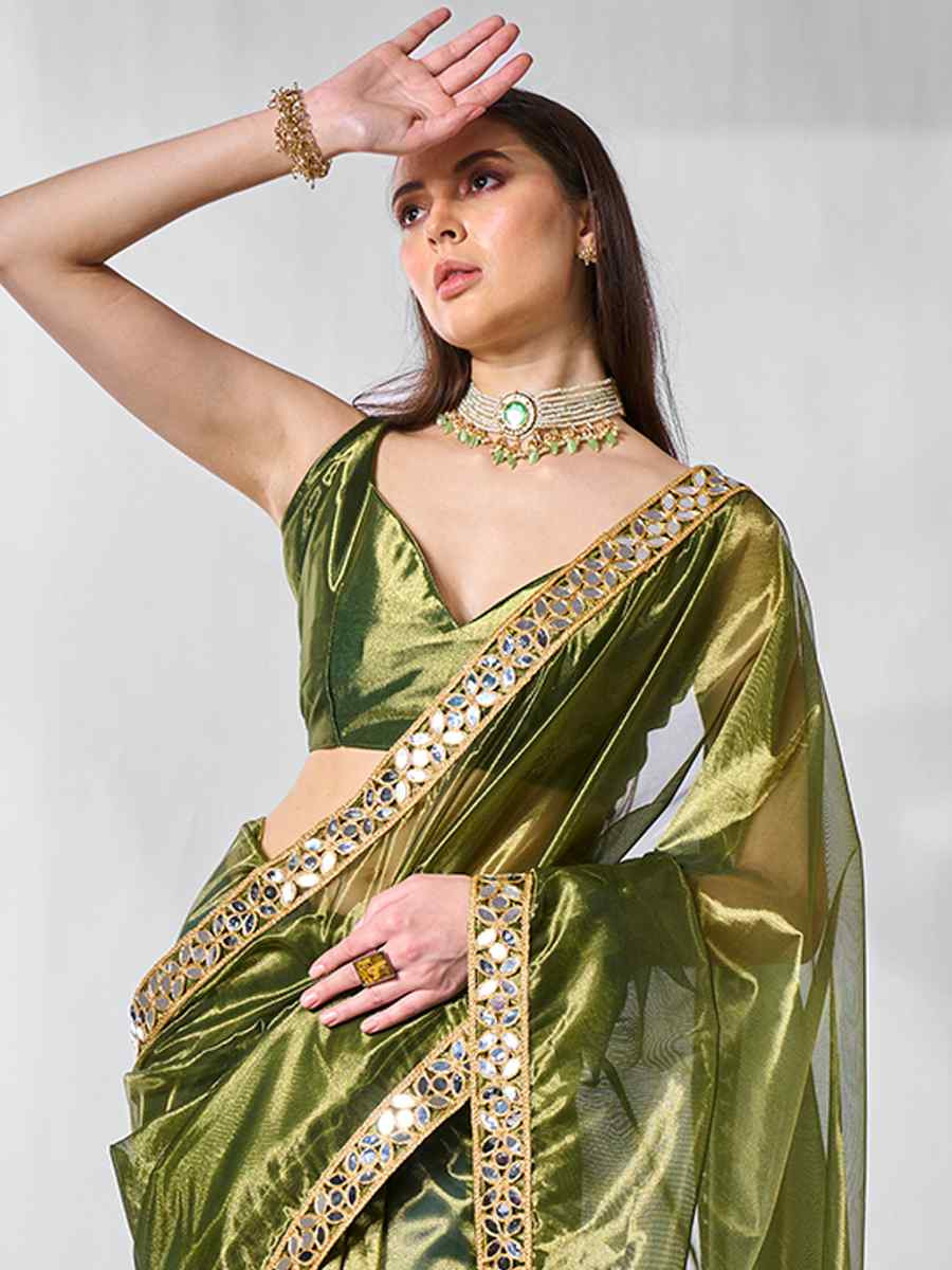 Green Gold Tissue Net Handwoven Festival Wedding Heavy Border Saree