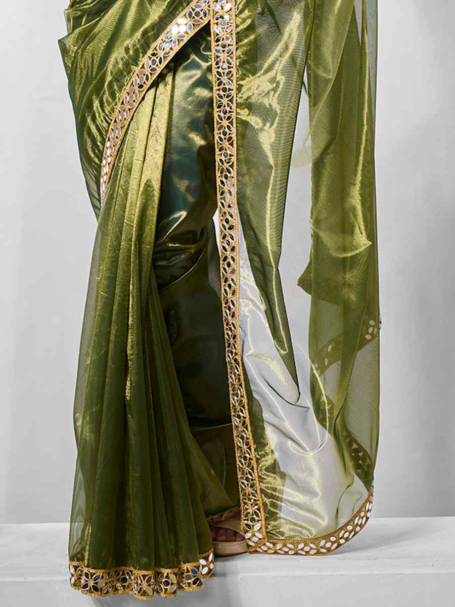 Green Gold Tissue Net Handwoven Festival Wedding Heavy Border Saree