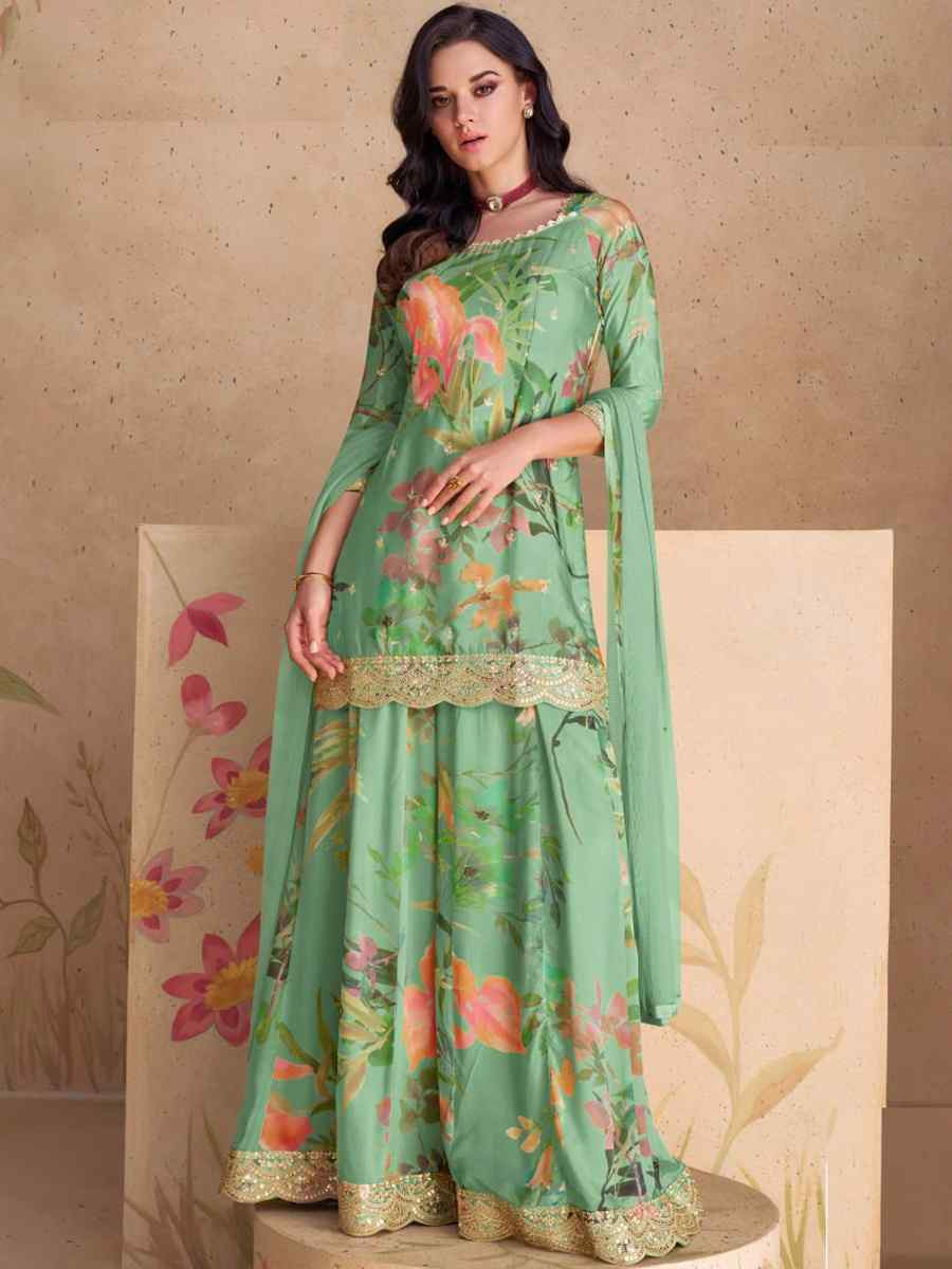 Green Heavy Chinon  Embroidered Festival Wedding Sharara Pant Salwar Kameez