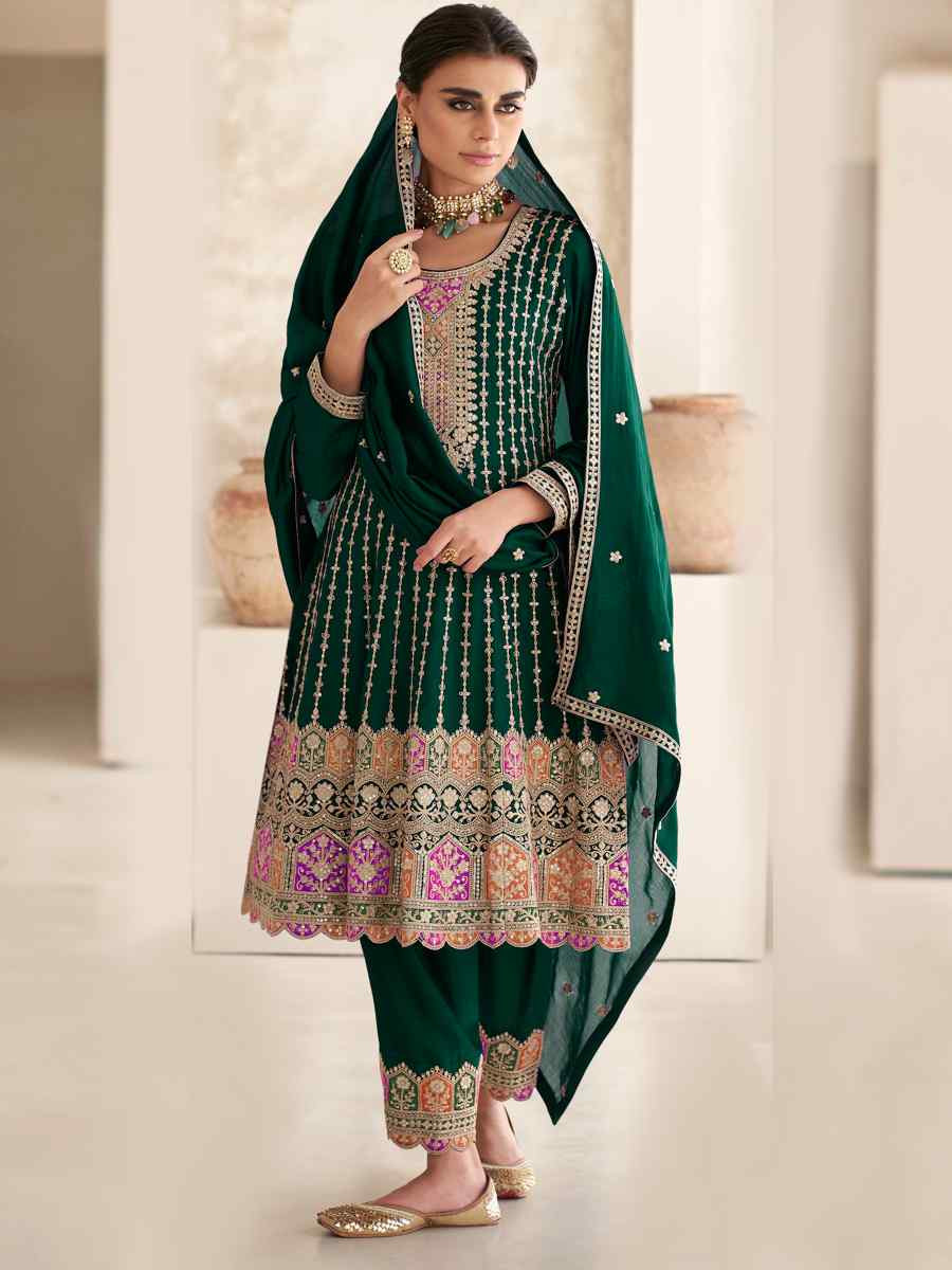 Green Heavy Chinon Embroidered Festival Mehendi Ready Patiala Salwar Kameez