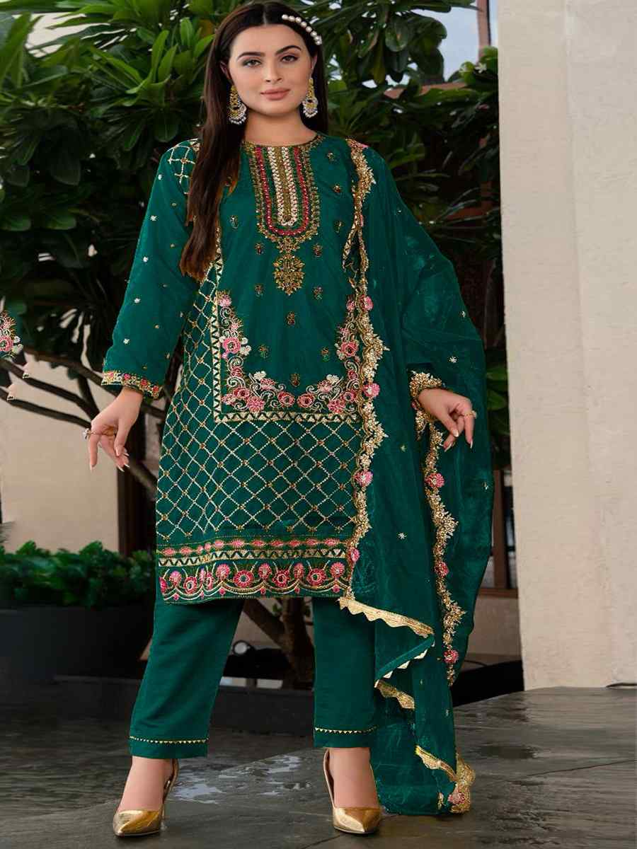 Green Heavy Faux Georgette Embroidered Festival Casual Pant Salwar Kameez