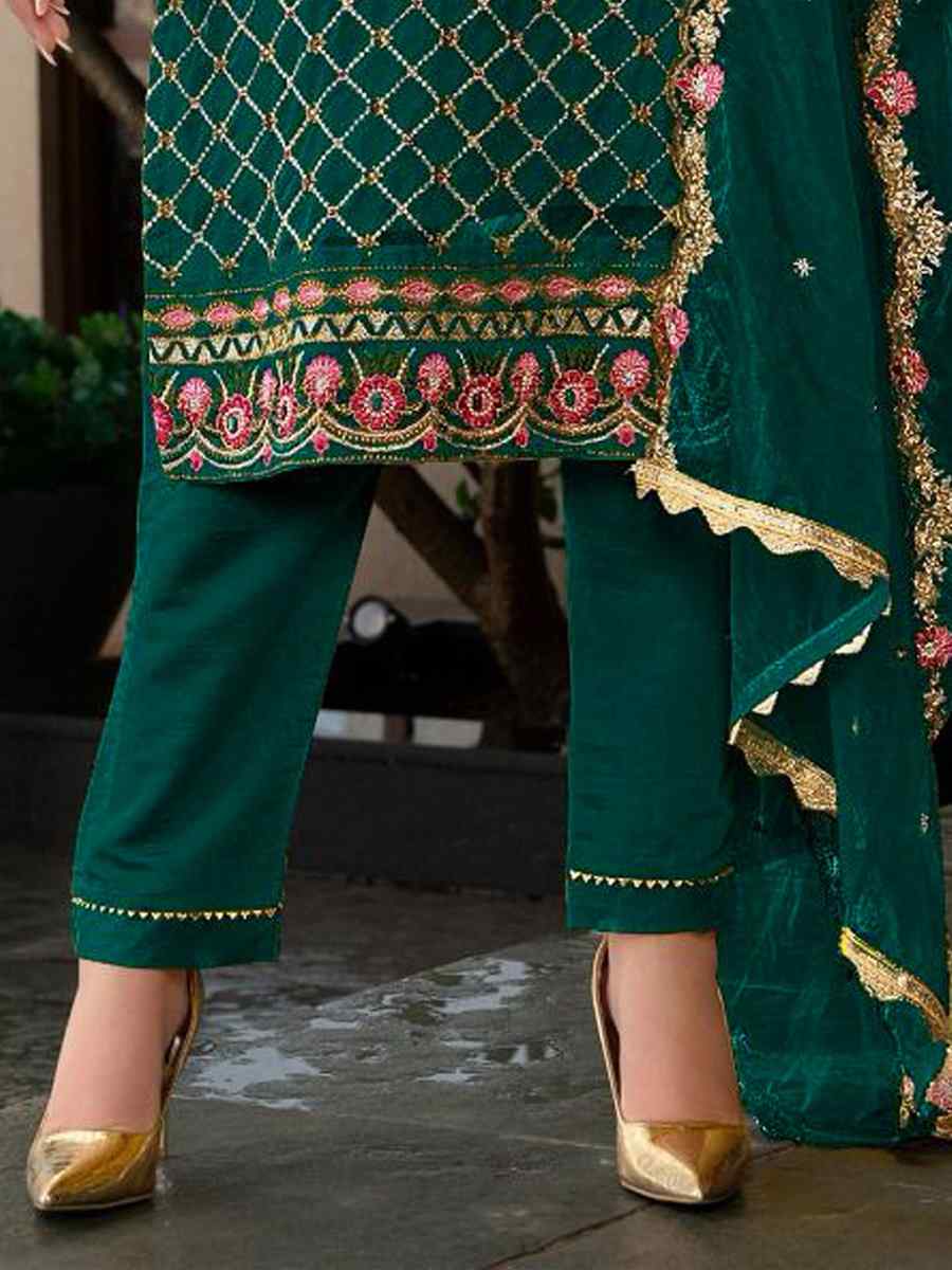 Green Heavy Faux Georgette Embroidered Festival Casual Pant Salwar Kameez