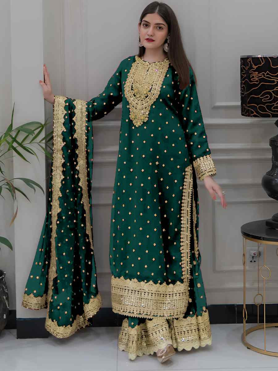 Green Heavy Faux Georgette Embroidered Festival Casual Ready Sharara Pant Salwar Kameez