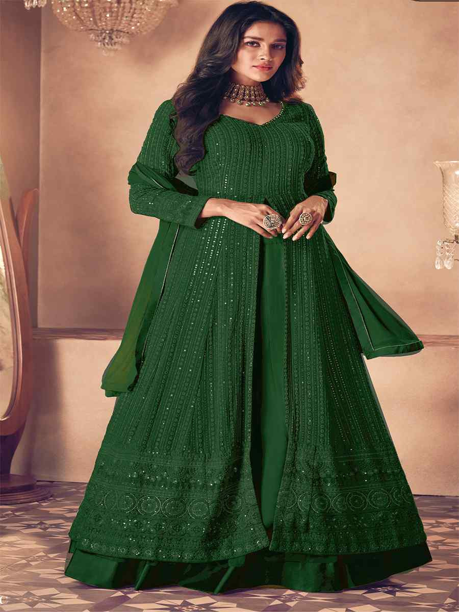 Green Heavy Faux Georgette Embroidered Festival Wedding Anarkali Salwar Kameez