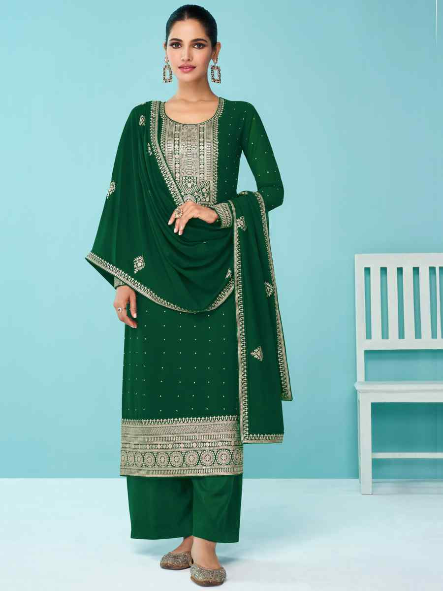 Green Heavy Faux Georgette Embroidered Festival Wedding Palazzo Pant Salwar Kameez