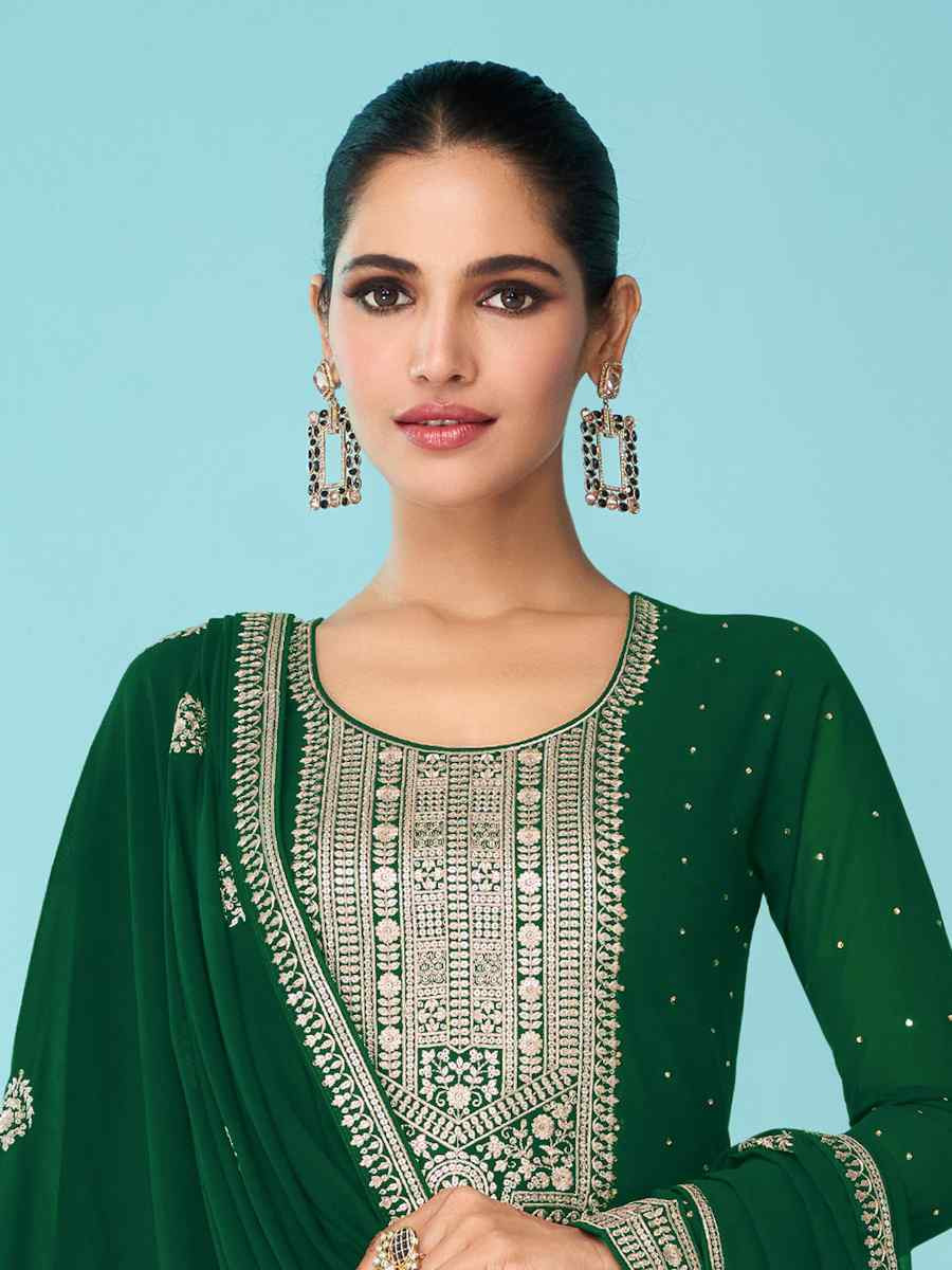 Green Heavy Faux Georgette Embroidered Festival Wedding Palazzo Pant Salwar Kameez