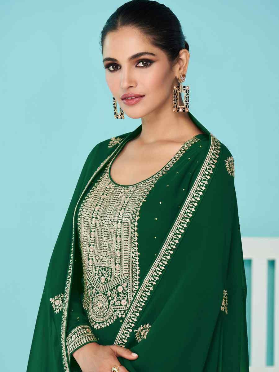 Green Heavy Faux Georgette Embroidered Festival Wedding Palazzo Pant Salwar Kameez