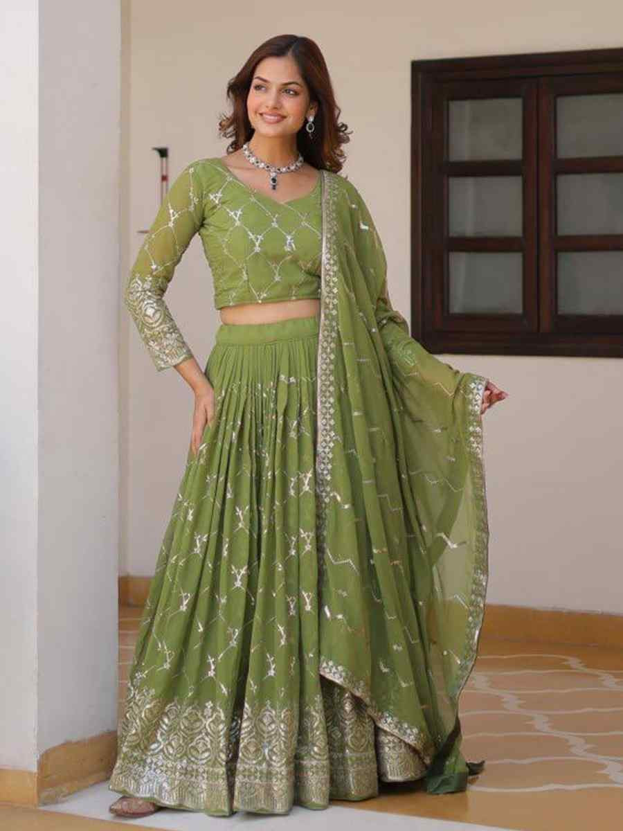 Green Heavy Faux Georgette Embroidered Wedding Festival Heavy Border Lehenga Choli