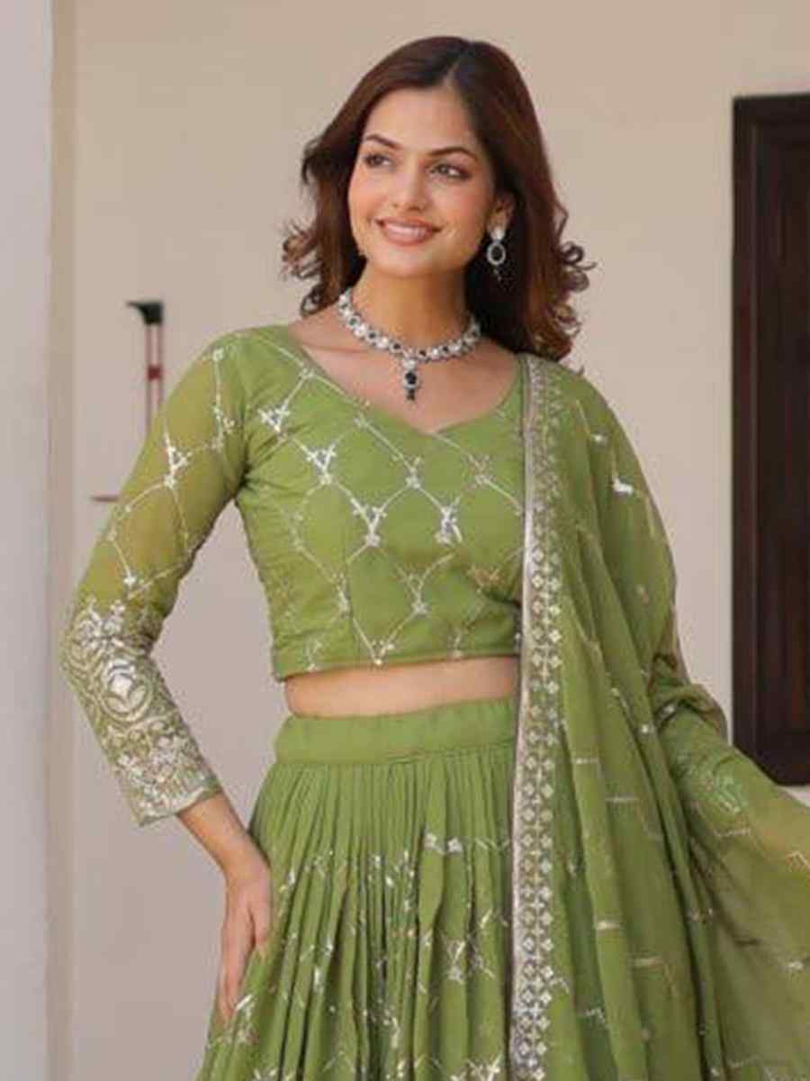 Green Heavy Faux Georgette Embroidered Wedding Festival Heavy Border Lehenga Choli