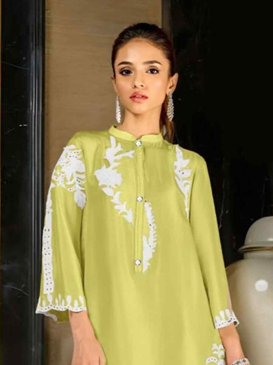 Green Heavy Frech Embroidered Festival Casual Kurti