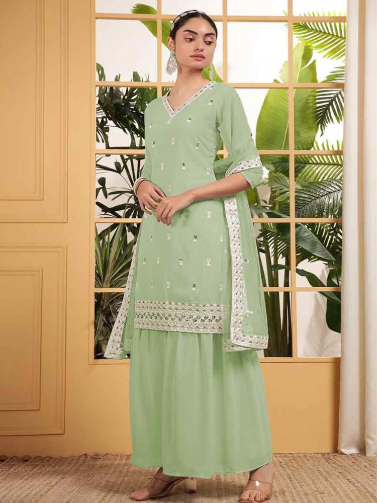 Green Heavy Georgette Embroidered Festival Wedding Ready Sharara Pant Salwar Kameez