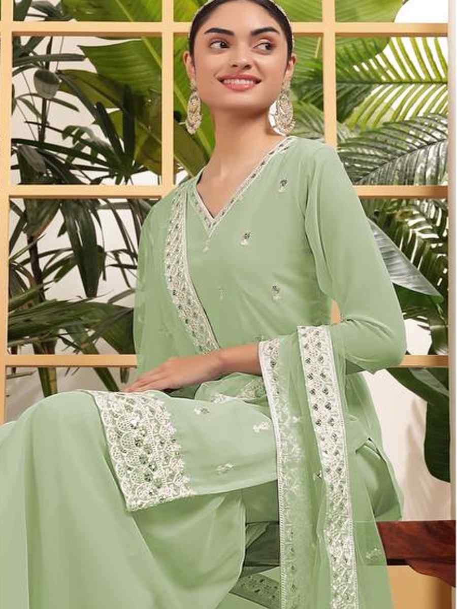 Green Heavy Georgette Embroidered Festival Wedding Ready Sharara Pant Salwar Kameez