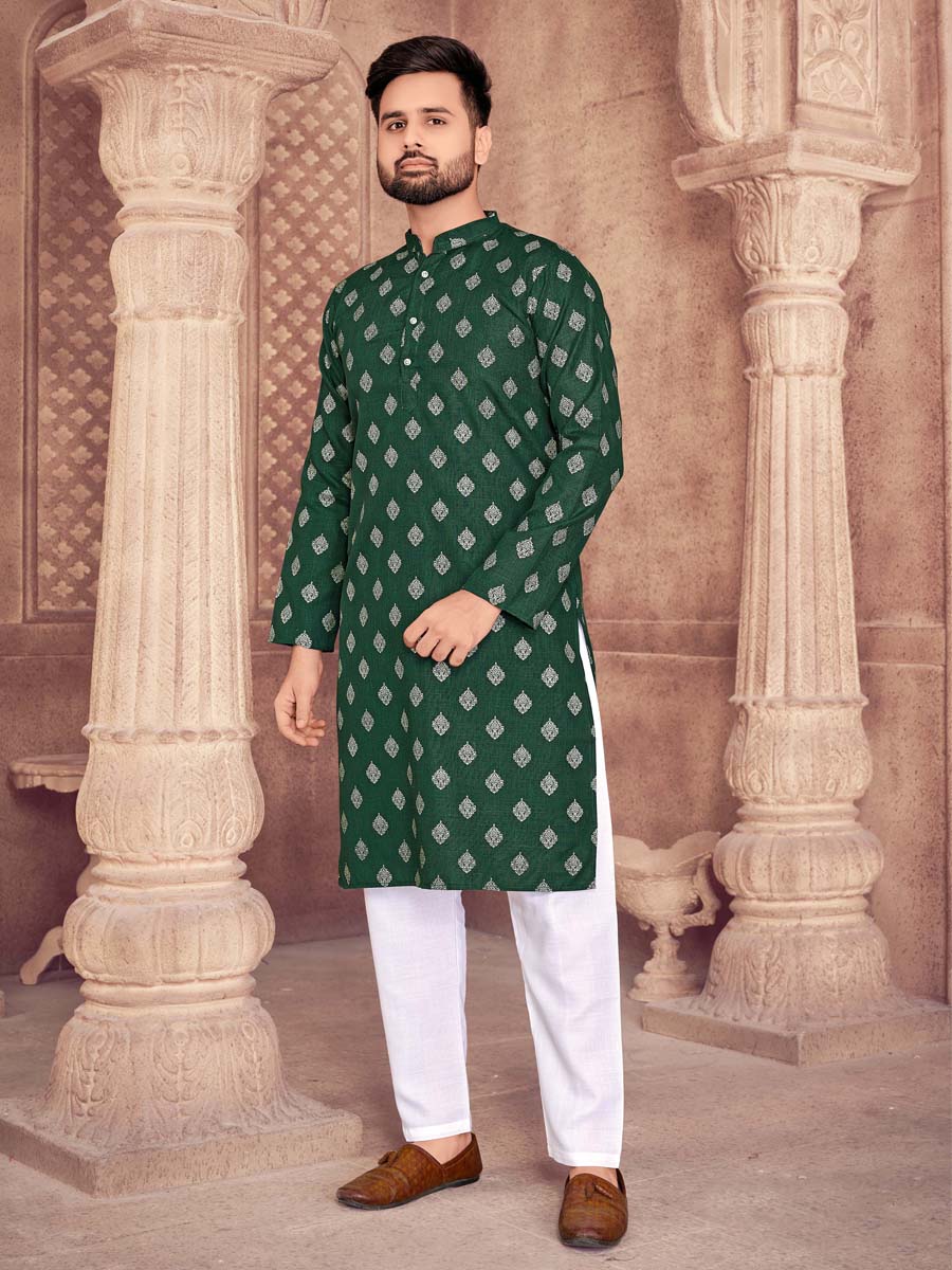 Green Heavy Magic Cotton Slub Woven Festival Casual Kurta