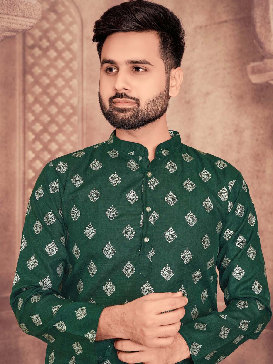 Green Heavy Magic Cotton Slub Woven Festival Casual Kurta