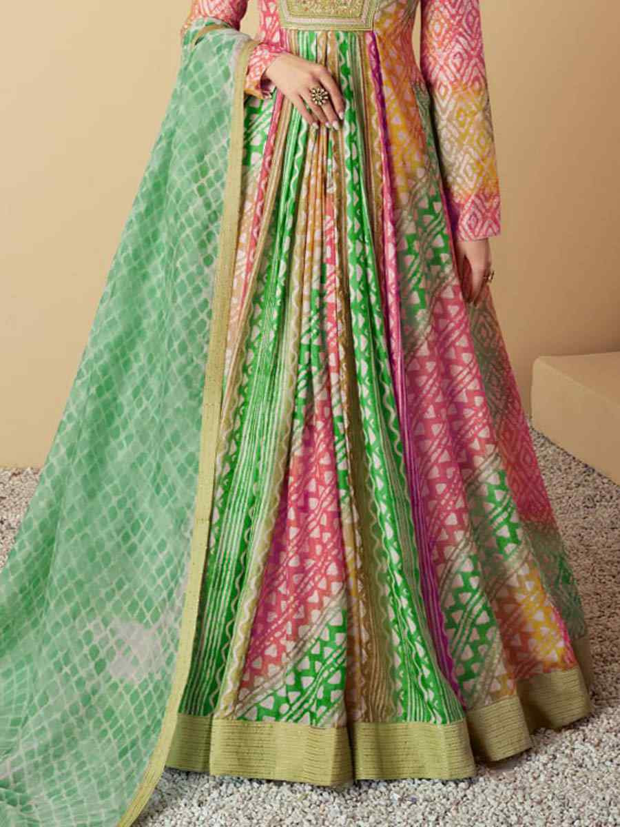 Green Heavy Muslin Printed Festival Casual Gown