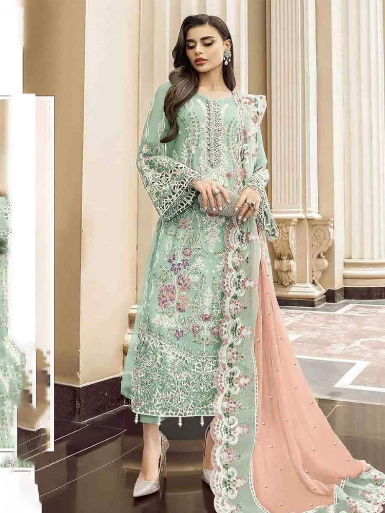 Green Heavy Orgenza Embroidered Festival Wedding Pant Salwar Kameez