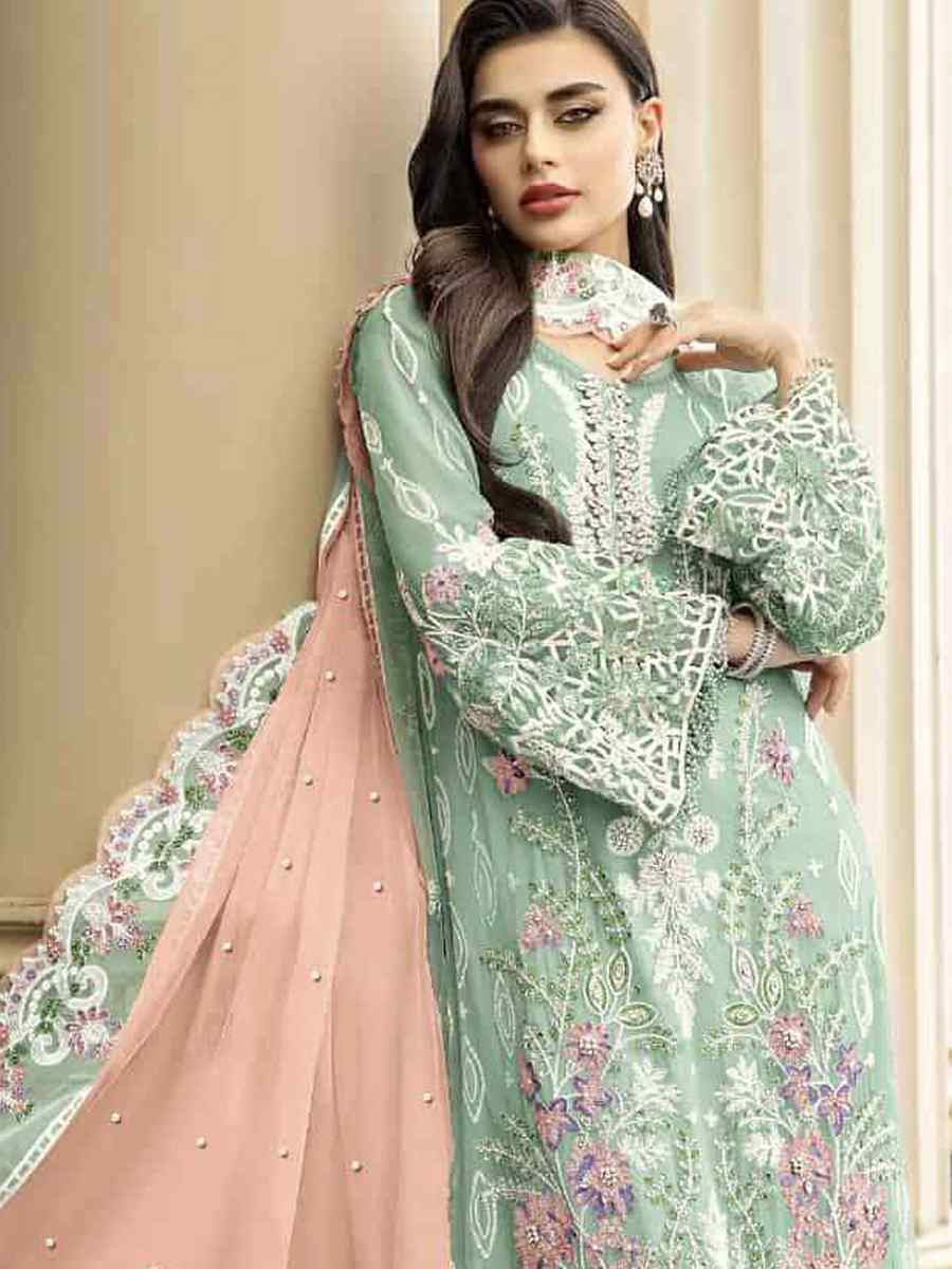 Green Heavy Orgenza Embroidered Festival Wedding Pant Salwar Kameez