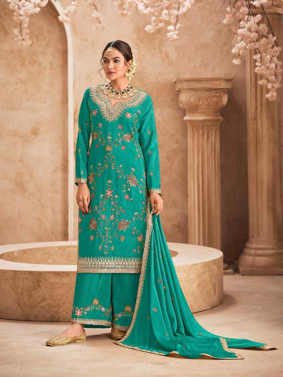 Green Heavy Premium Chinon Embroidered Festival Wedding Palazzo Pant Salwar Kameez