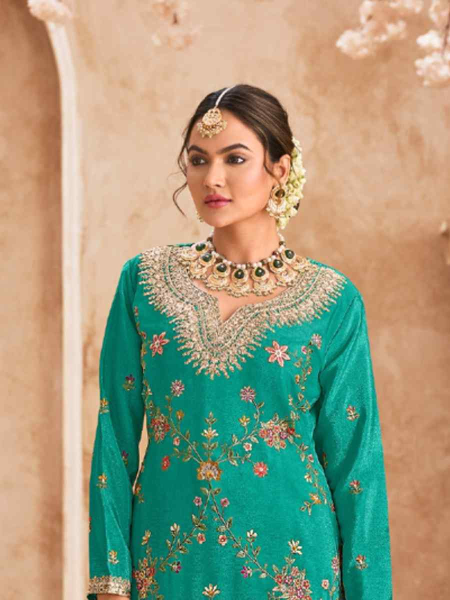 Green Heavy Premium Chinon Embroidered Festival Wedding Palazzo Pant Salwar Kameez