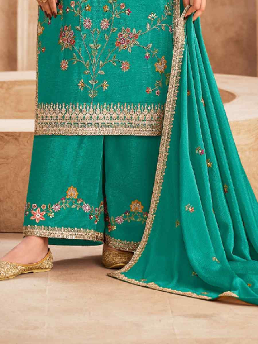 Green Heavy Premium Chinon Embroidered Festival Wedding Palazzo Pant Salwar Kameez