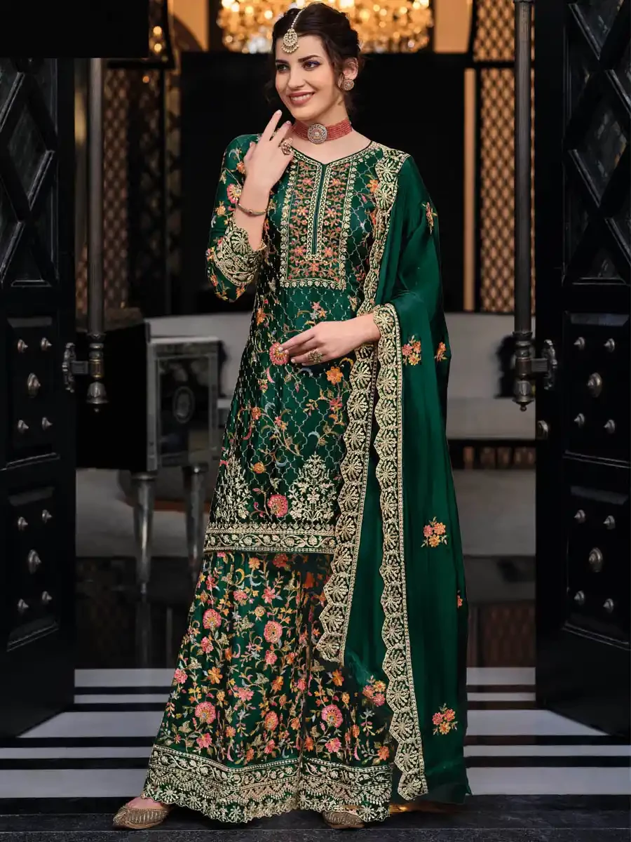 Green Heavy Premium Silk Embroidered Festival Wedding Palazzo Pant Salwar Kameez