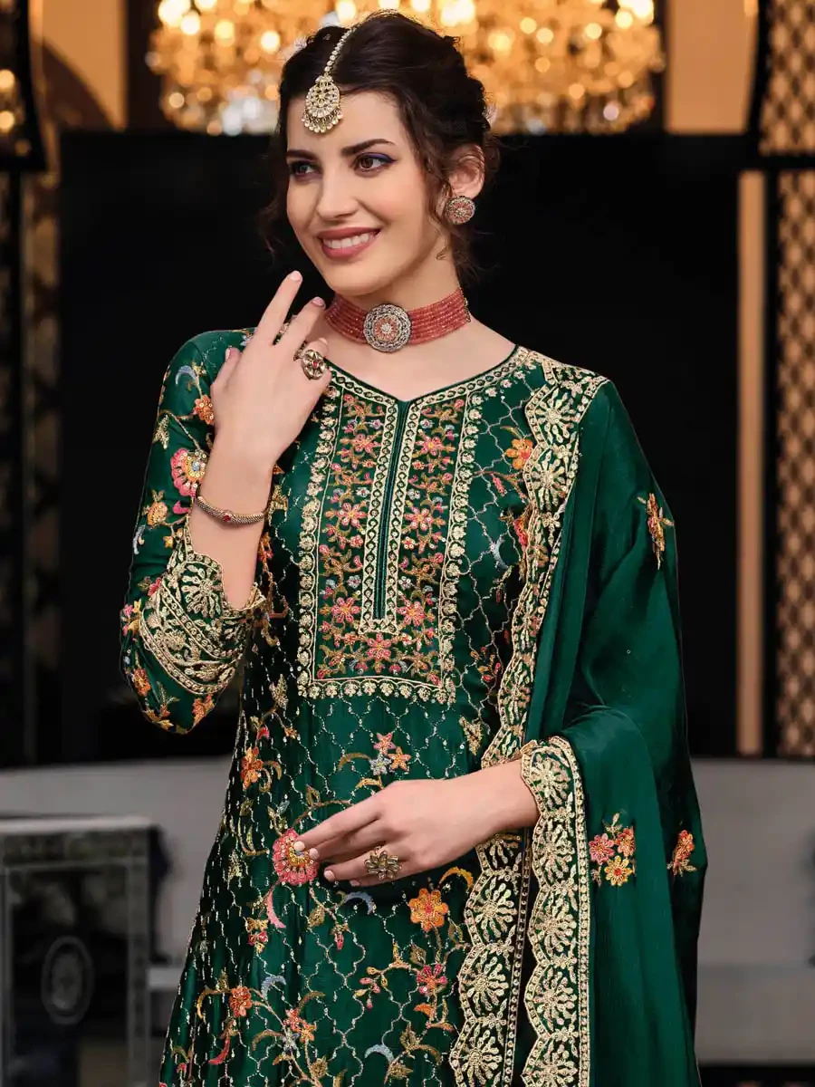 Green Heavy Premium Silk Embroidered Festival Wedding Palazzo Pant Salwar Kameez